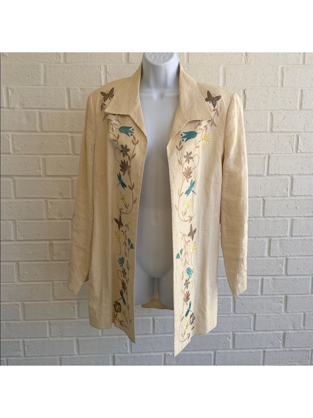 Vtg Pursuits Ltd Ivory Linen Open Front Jacket Embroidered flowers Butterflies12